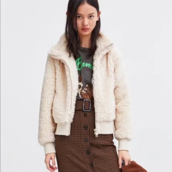 Zara Sherpa Fleece Full Zip Bomber Jacket – Cream - Picture 2 of 9
